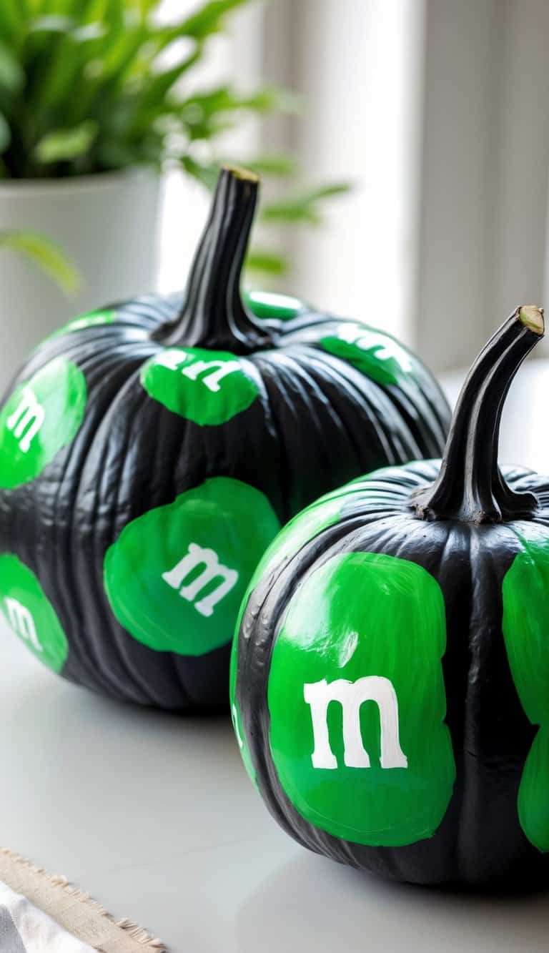 Two black pumpkins are decorated with green spots and a white "m" to look like green M&M candies. A potted plant is blurred in the background.