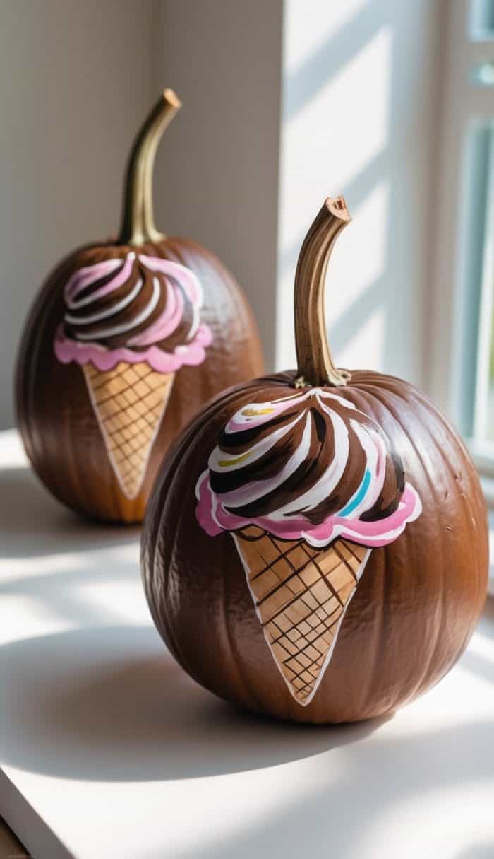Two pumpkins painted brown, each decorated with a colorful ice cream cone illustration on the front, are displayed on a white surface in sunlight near a window.