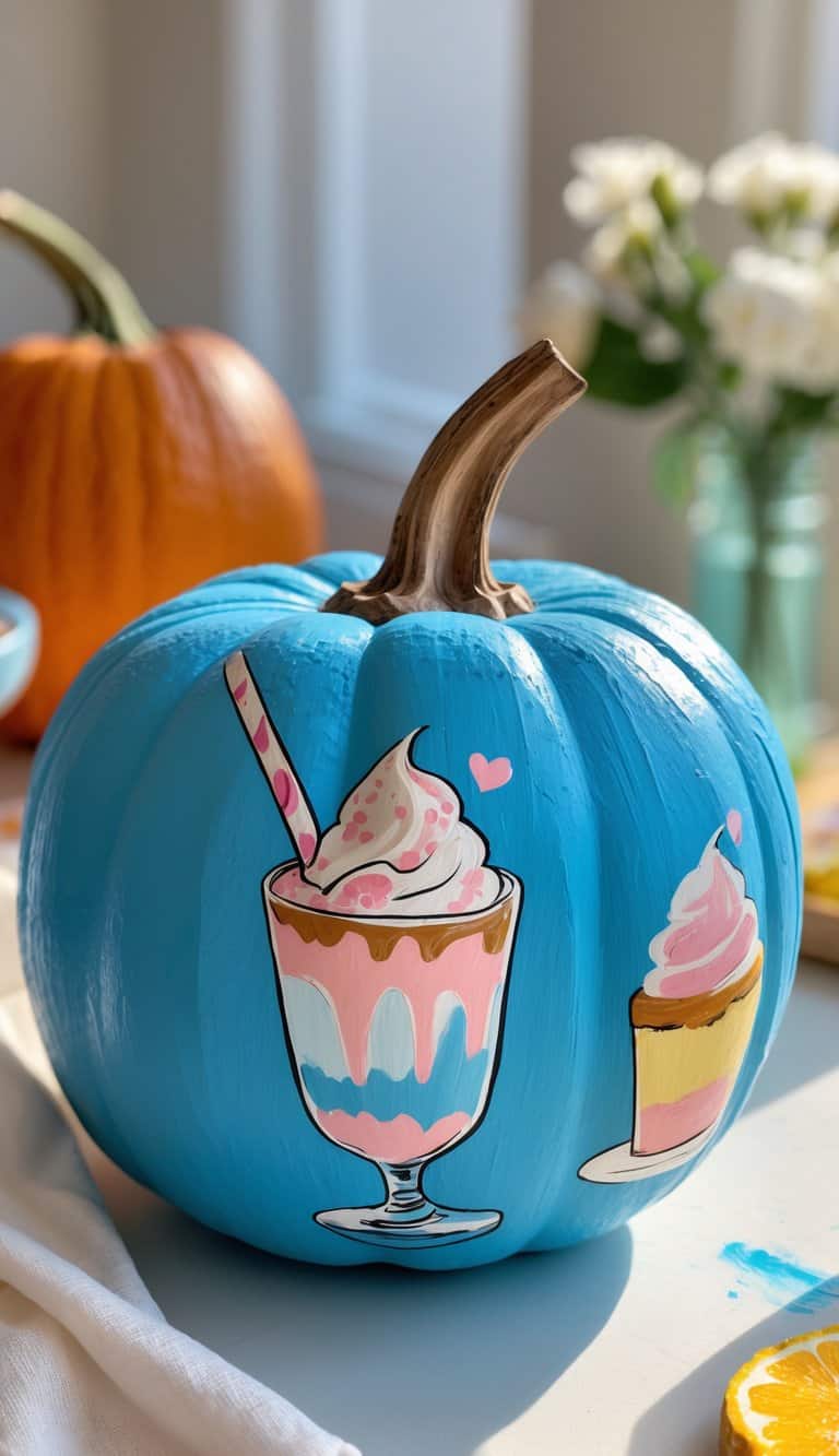 A blue pumpkin painted with illustrations of a dessert parfait in a glass with a straw and a slice of cake, both decorated with whipped cream. Another orange pumpkin and a vase of white flowers are in the background.