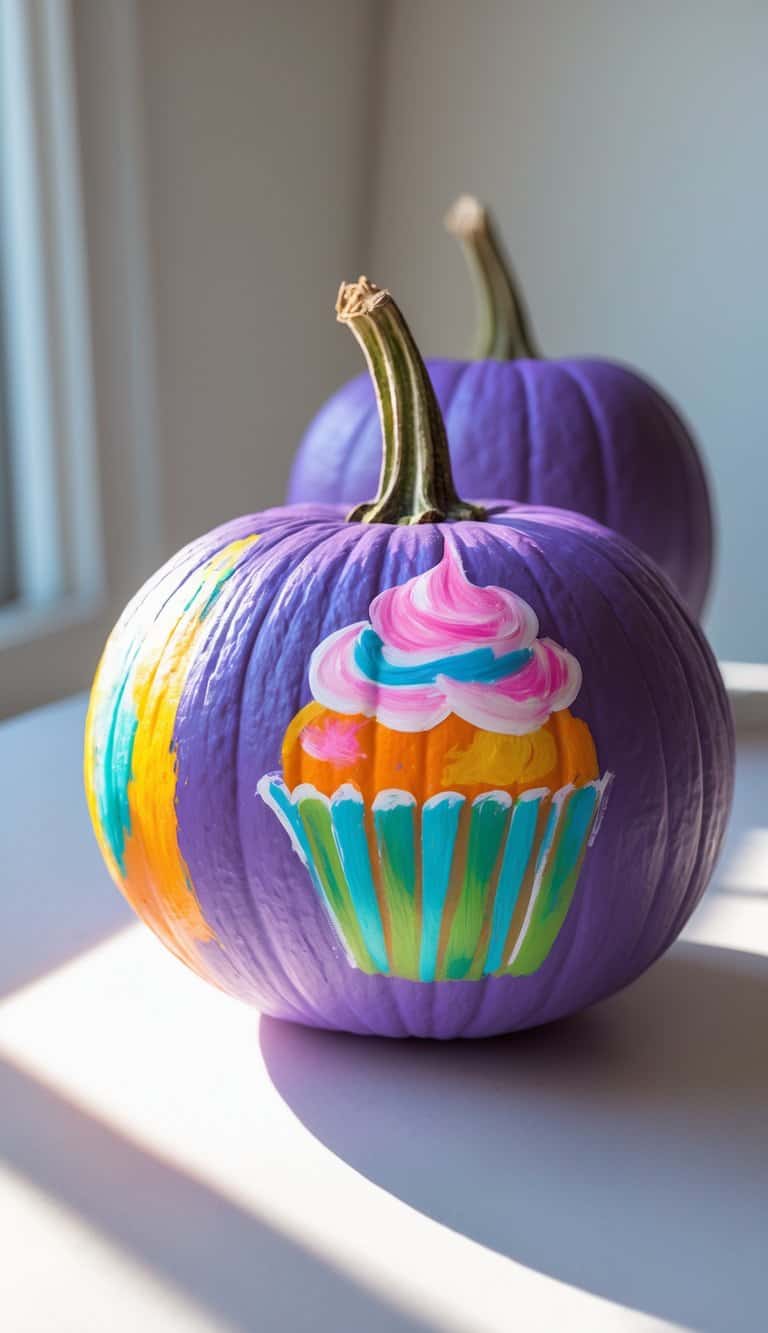 A purple-painted pumpkin features a colorful, hand-painted cupcake with pink frosting and a green wrapper. Another purple pumpkin is in the background, both sitting on a sunlit surface near a window.