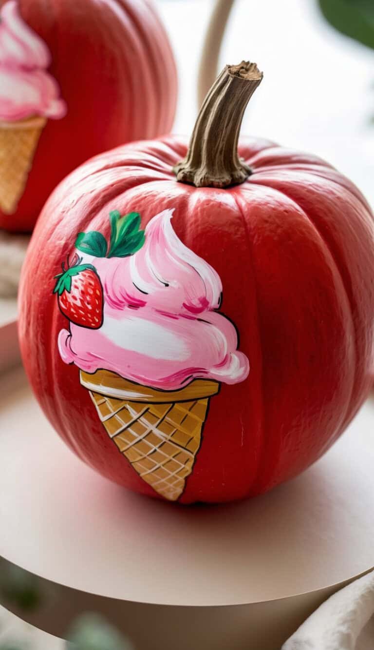 A bright red pumpkin decorated with a painted design of a pink strawberry ice cream cone, complete with a waffle cone and a strawberry on top. The background is softly blurred.