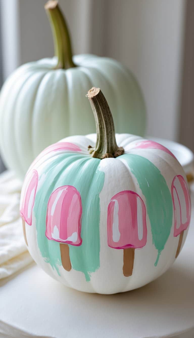 A white pumpkin painted with pastel pink popsicles and mint green brushstrokes sits in front of another unpainted white pumpkin on a light surface.