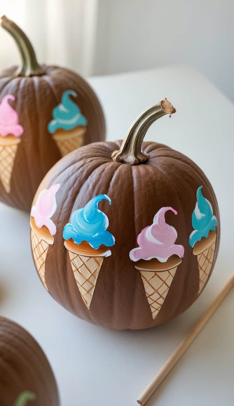 A pumpkin decorated with painted images of colorful ice cream cones, featuring pink, blue, and purple swirled scoops on waffle cones. Another similarly decorated pumpkin is in the background.