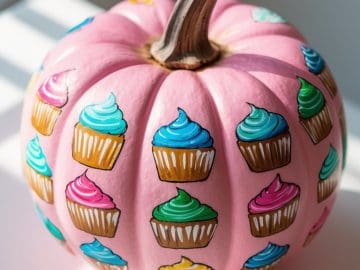 A pink pumpkin is decorated with colorful cupcake illustrations, each featuring bright frosting in blue, green, yellow, and pink. The pumpkin sits on a white surface in natural daylight.