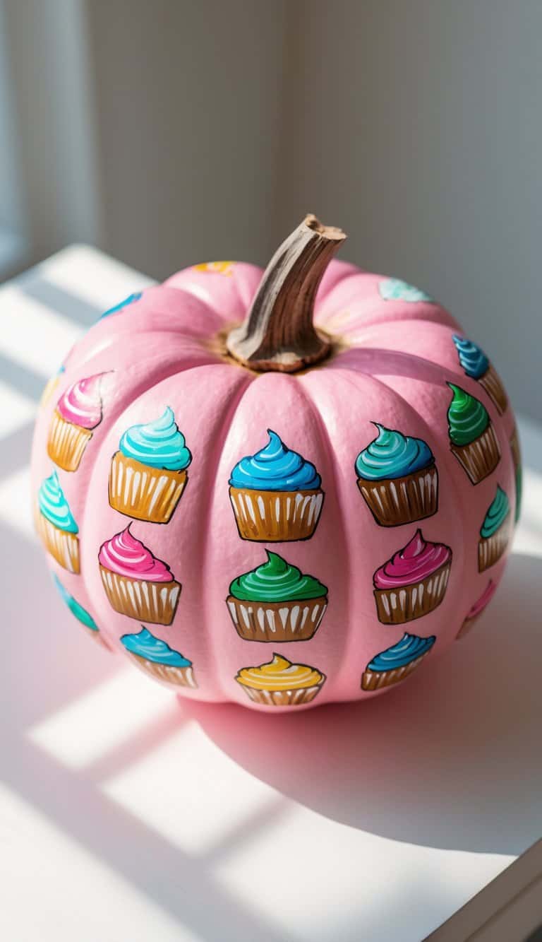 A pink pumpkin is decorated with colorful cupcake illustrations, each featuring bright frosting in blue, green, yellow, and pink. The pumpkin sits on a white surface in natural daylight.