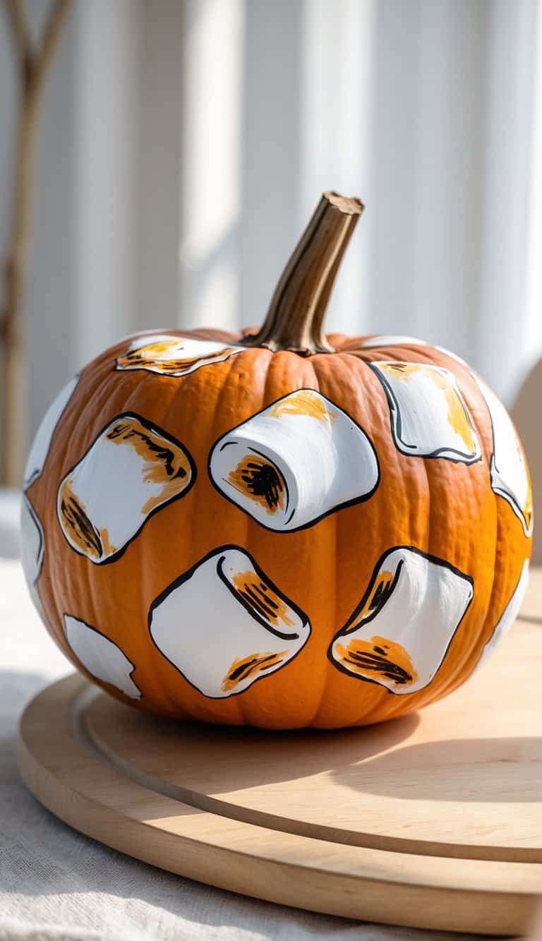 A pumpkin decorated with hand-painted images of marshmallows, placed on a wooden surface in a well-lit room.