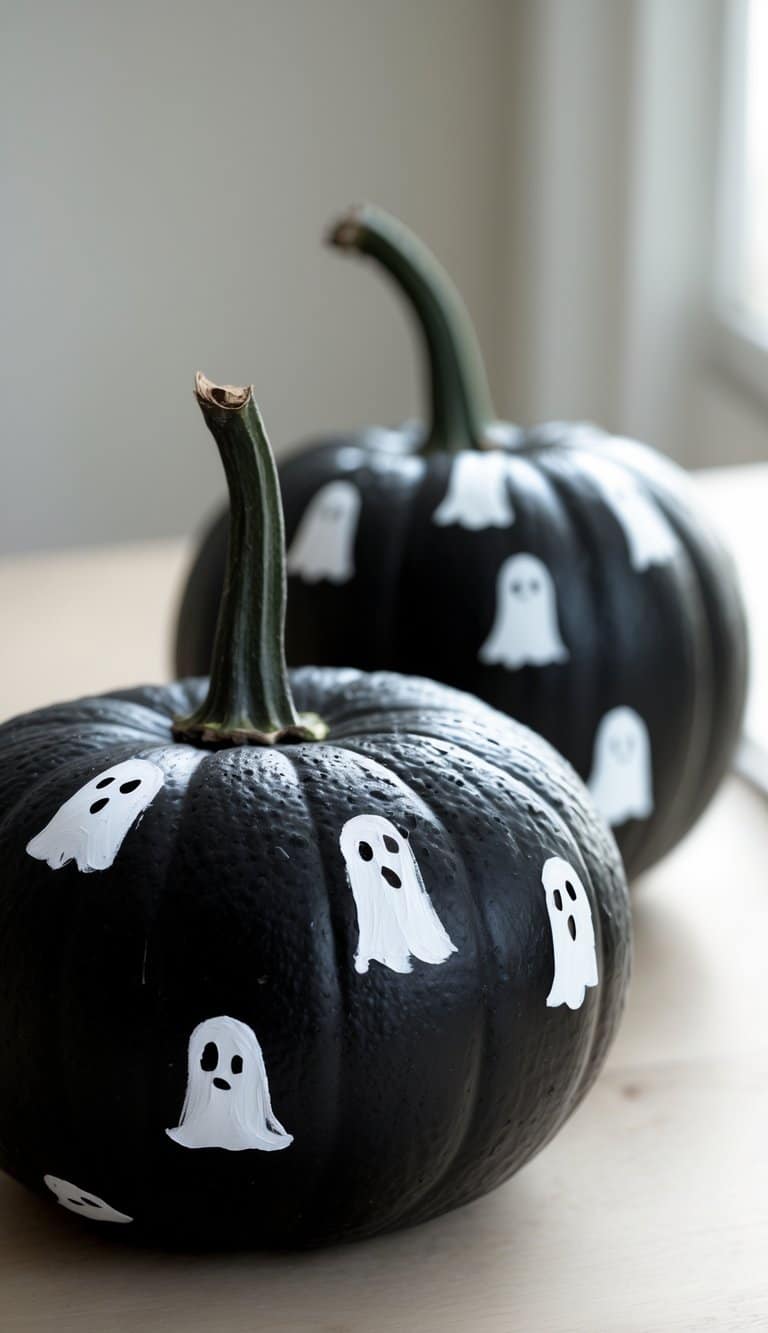 Two black pumpkins sit on a light surface, each decorated with small, white, hand-painted ghost figures. The background is softly lit, giving the scene a calm, festive, Halloween-themed atmosphere.