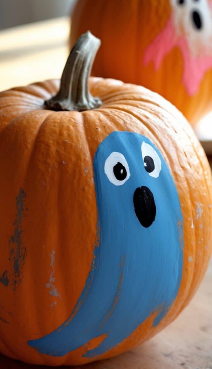 An orange pumpkin painted with a blue cartoon ghost with wide eyes and an open mouth. Another pumpkin with a pink ghost is blurred in the background.