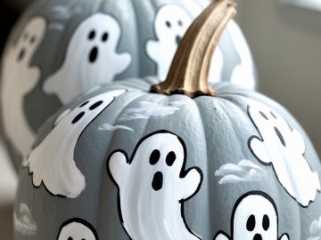 Two gray pumpkins are decorated with hand-painted white ghosts, each with black eyes and mouths, giving a playful Halloween look. The pumpkins are positioned indoors near a bright window.