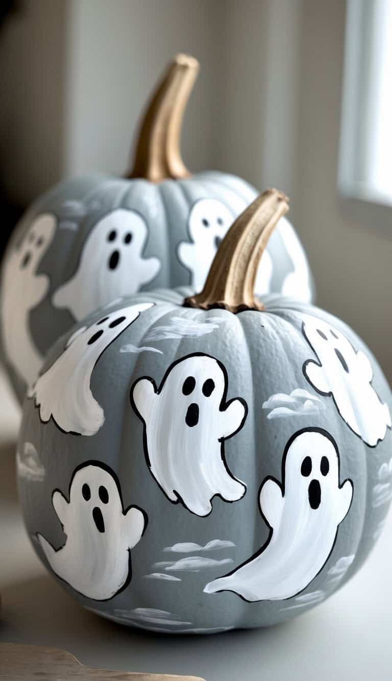 Two gray pumpkins are decorated with hand-painted white ghosts, each with black eyes and mouths, giving a playful Halloween look. The pumpkins are positioned indoors near a bright window.