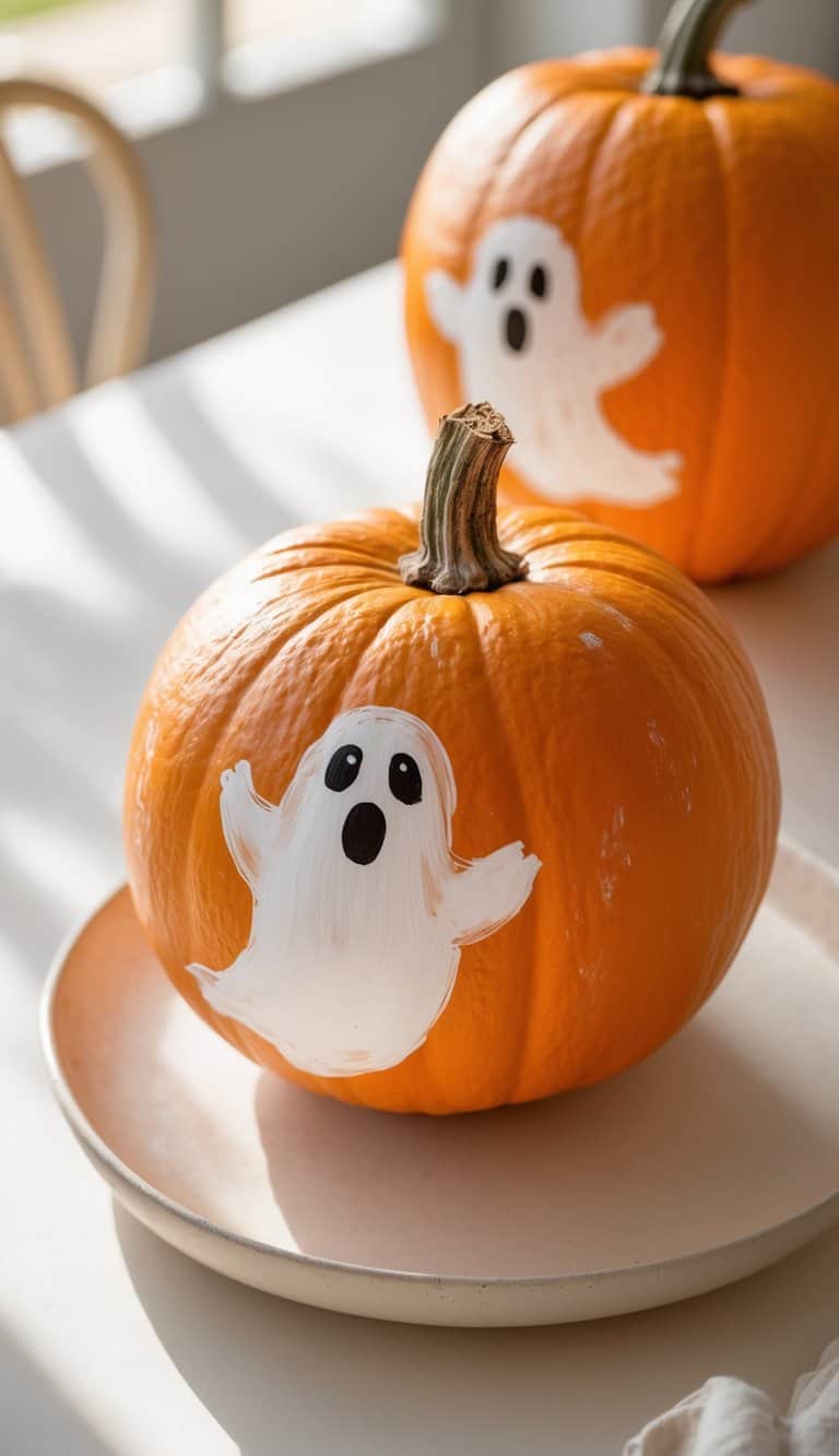 Two orange pumpkins sit on a plate, each decorated with a painted white ghost featuring black eyes and a mouth, in bright natural light.