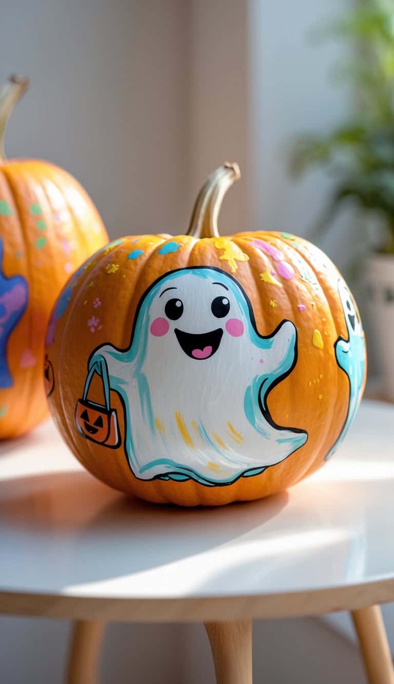 A pumpkin decorated with a cheerful, cartoon ghost holding a small jack-o’-lantern bag, painted in bright colors, sits on a white table with another decorated pumpkin in the background.