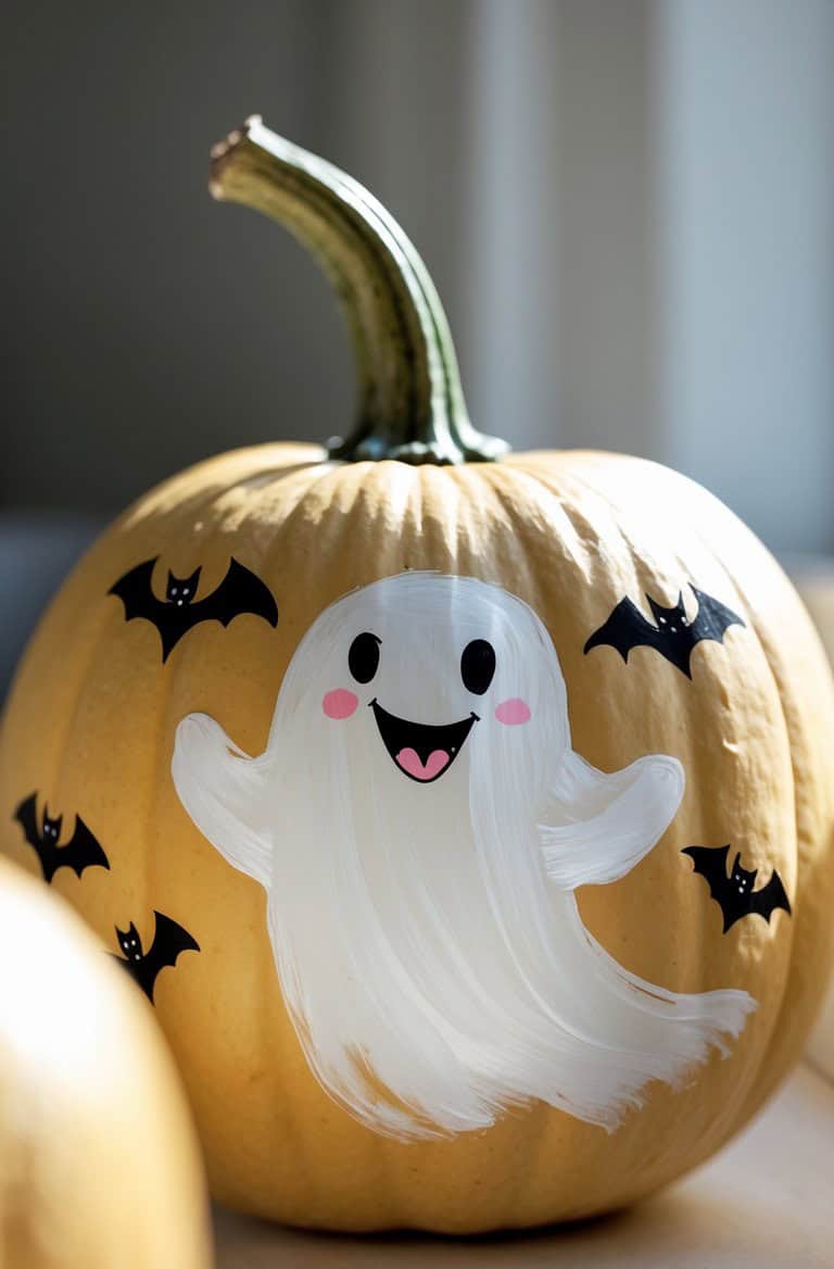 A pumpkin decorated with a painted white ghost in the center, smiling with pink cheeks, surrounded by small black bats; the pumpkin sits in bright natural light.