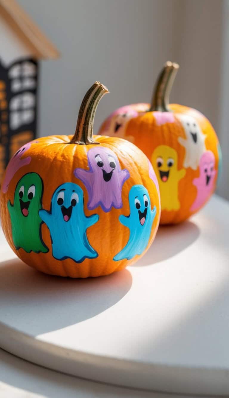 Two small pumpkins decorated with colorful, smiling ghost figures painted on their surfaces, sitting on a white surface with soft sunlight shining on them. A blurred house decoration is in the background.