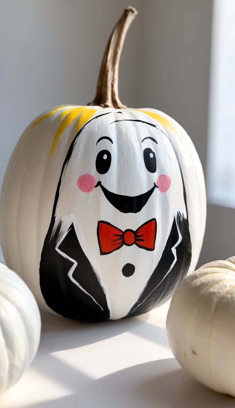 A white pumpkin painted with a smiling face, rosy cheeks, and wearing a red bow tie and black tuxedo jacket design. Sunlight shines on the pumpkin, with two smaller white pumpkins nearby.