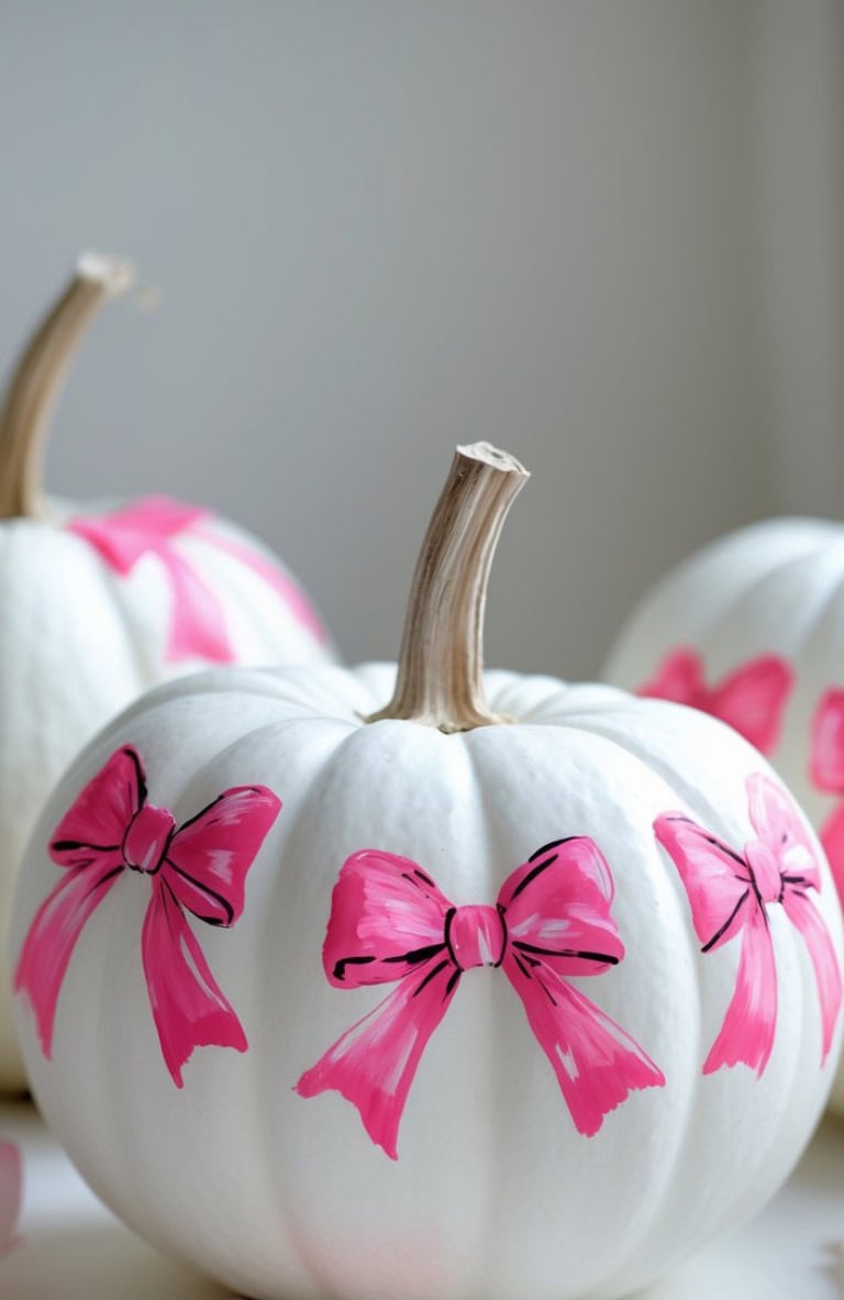 A white pumpkin decorated with hand-painted pink bows, outlined in black, sits in front of similar pumpkins with the same design.