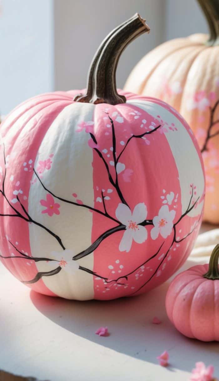 A white pumpkin painted with pink vertical stripes and decorated with cherry blossom branches in black and white, surrounded by smaller pink pumpkins on a sunlit surface.