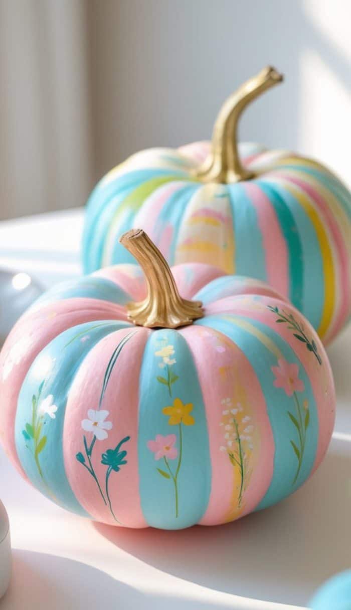 Two pumpkins are painted with pastel pink, blue, and yellow stripes and decorated with delicate floral designs. Their stems are golden, giving them a whimsical, decorative look.
