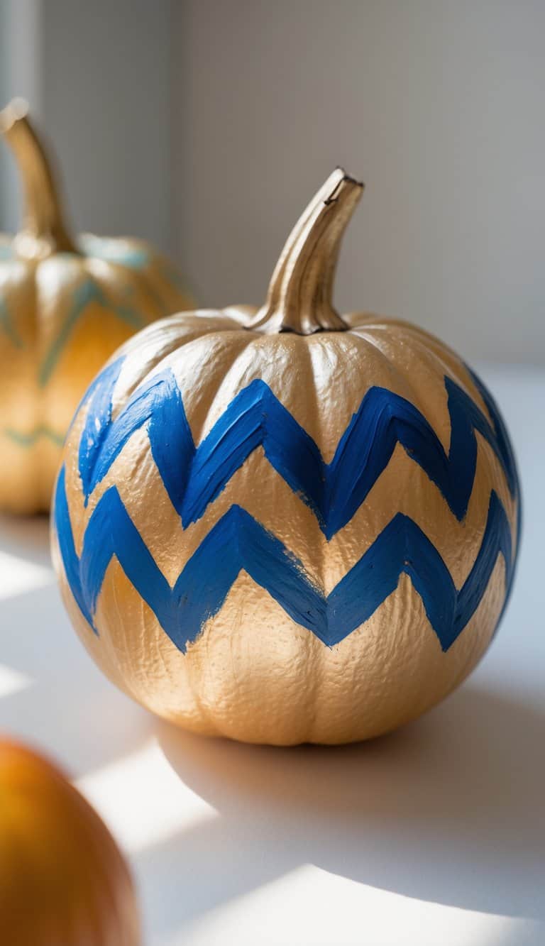 A pumpkin painted gold with bold blue zigzag stripes sits on a white surface, with another similarly decorated pumpkin blurred in the background.