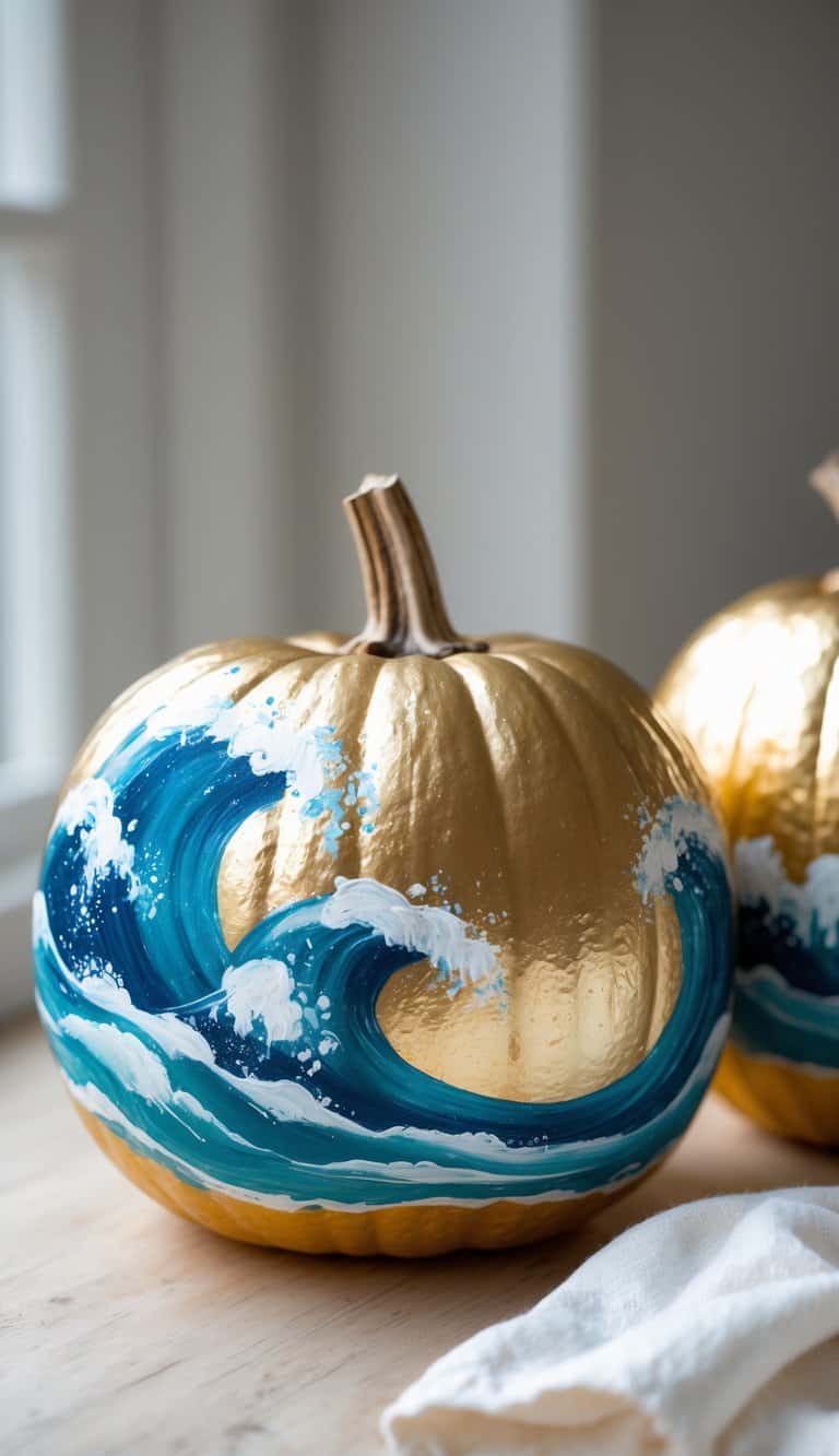 A gold-painted pumpkin features a vivid hand-painted ocean wave in blue and white, sitting on a light wooden surface near a window. Another similar pumpkin is partially visible in the background.