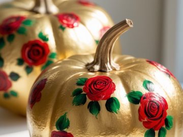 Two gold-painted pumpkins decorated with hand-painted red roses and green leaves sit on a white surface in bright natural light.