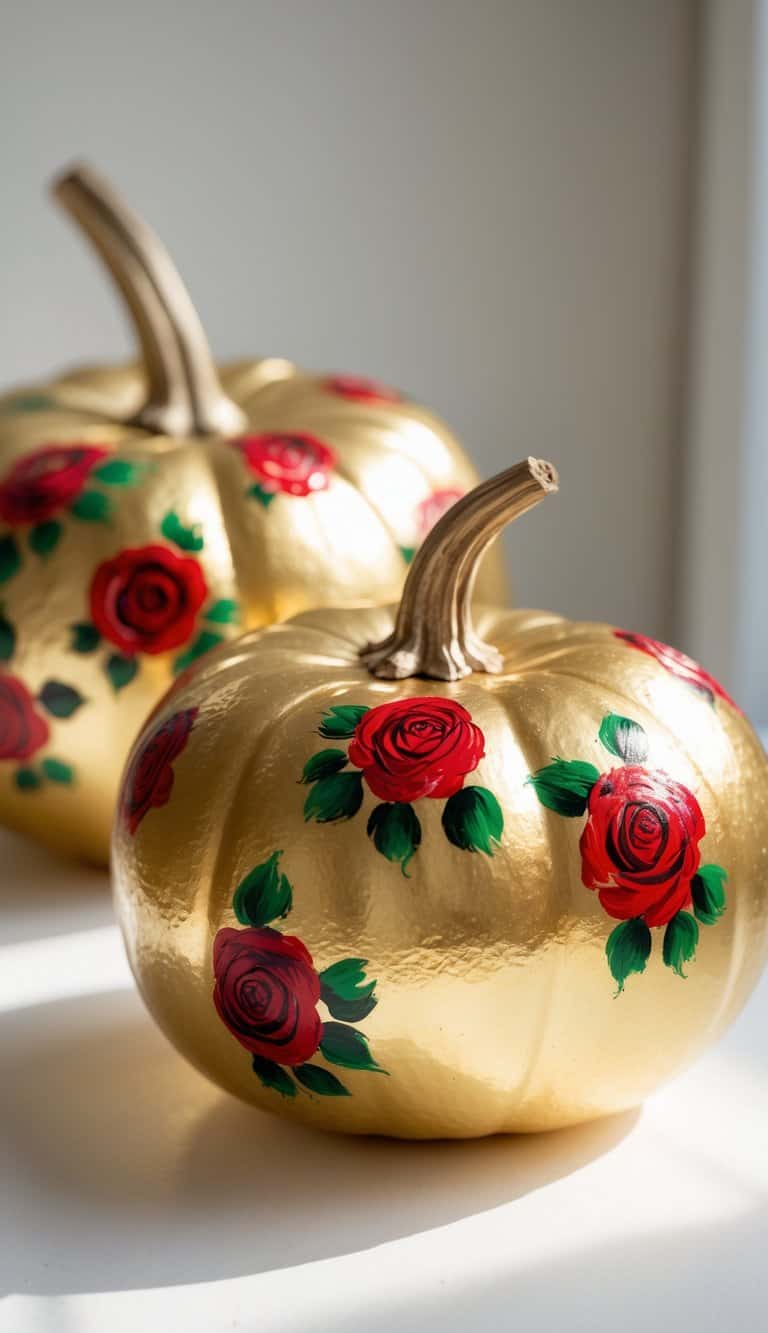 Two gold-painted pumpkins decorated with hand-painted red roses and green leaves sit on a white surface in bright natural light.