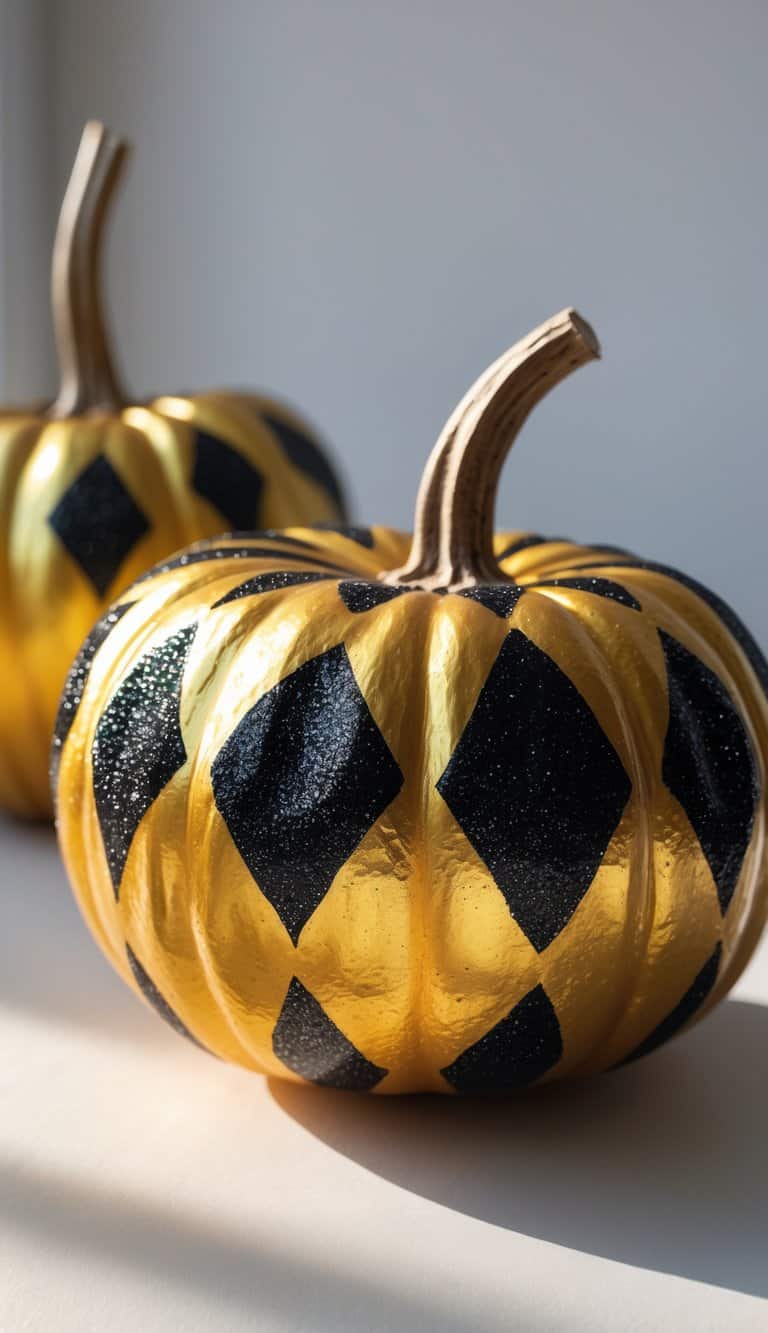 Two pumpkins painted gold with black glittery diamond patterns sit on a sunlit surface, creating a festive and decorative appearance.