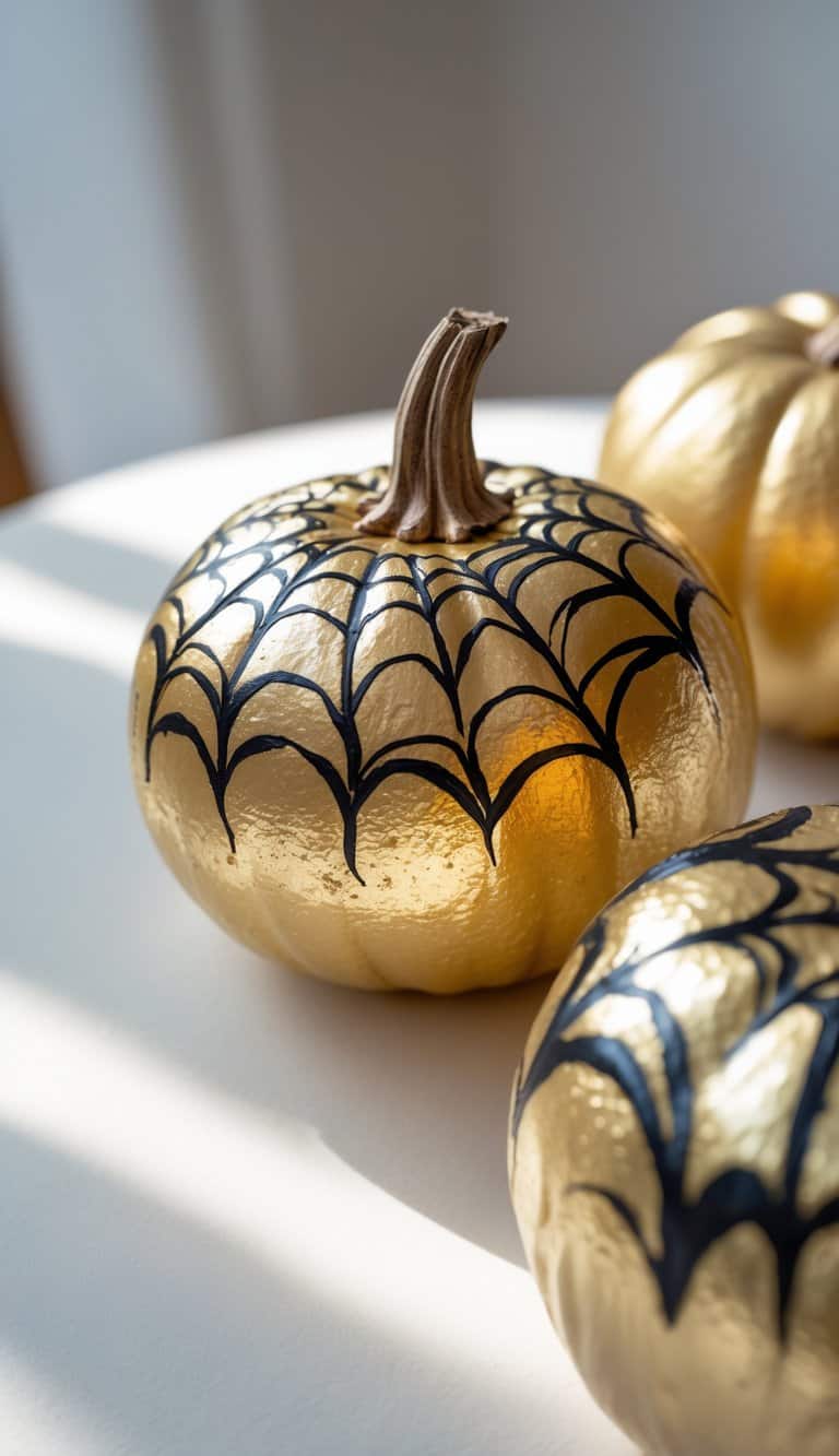 A gold-painted pumpkin decorated with a black spiderweb pattern sits on a white surface, with another gold pumpkin partially visible in the background.