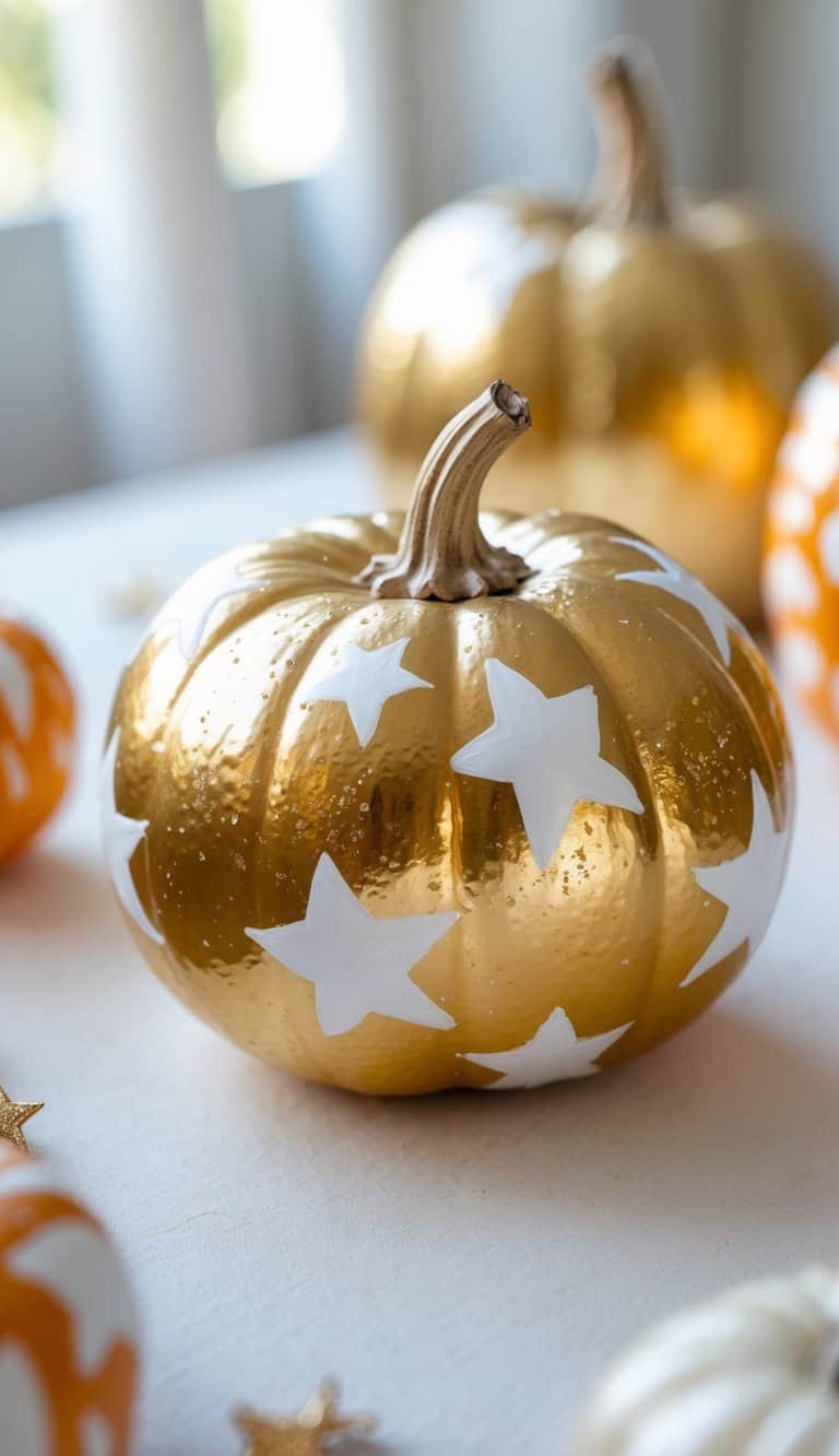A pumpkin painted metallic gold with large white stars sits on a white surface. Other pumpkins with similar gold and orange designs are blurred in the background.