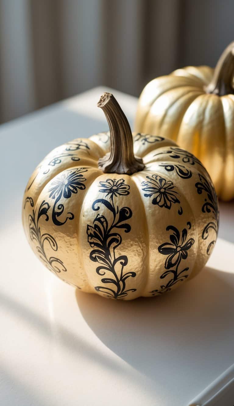 A gold-painted pumpkin decorated with intricate black floral patterns sits on a white surface, with another gold pumpkin blurred in the background.