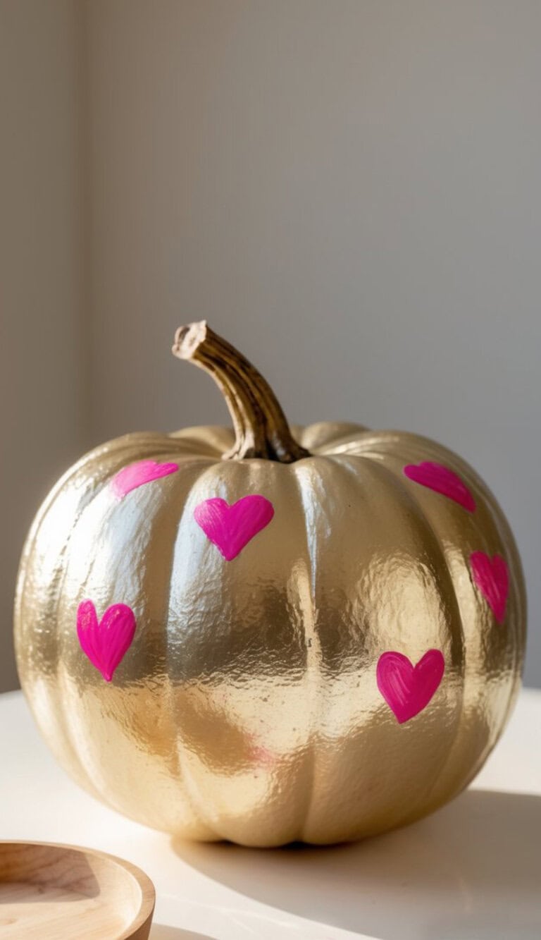 A pumpkin painted shiny gold with bright pink heart shapes scattered across its surface, sitting on a light-colored surface in natural daylight.