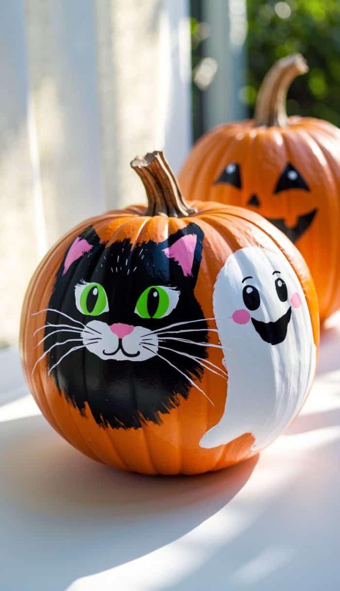 A pumpkin painted with a black cat's face and a smiling white ghost, with another pumpkin in the background featuring a classic jack-o'-lantern face.