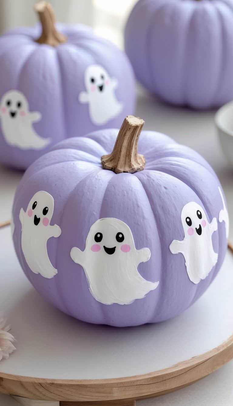 A light purple pumpkin decorated with painted white cartoon ghosts, each with smiling faces and pink cheeks. More similarly decorated pumpkins are visible in the background.
