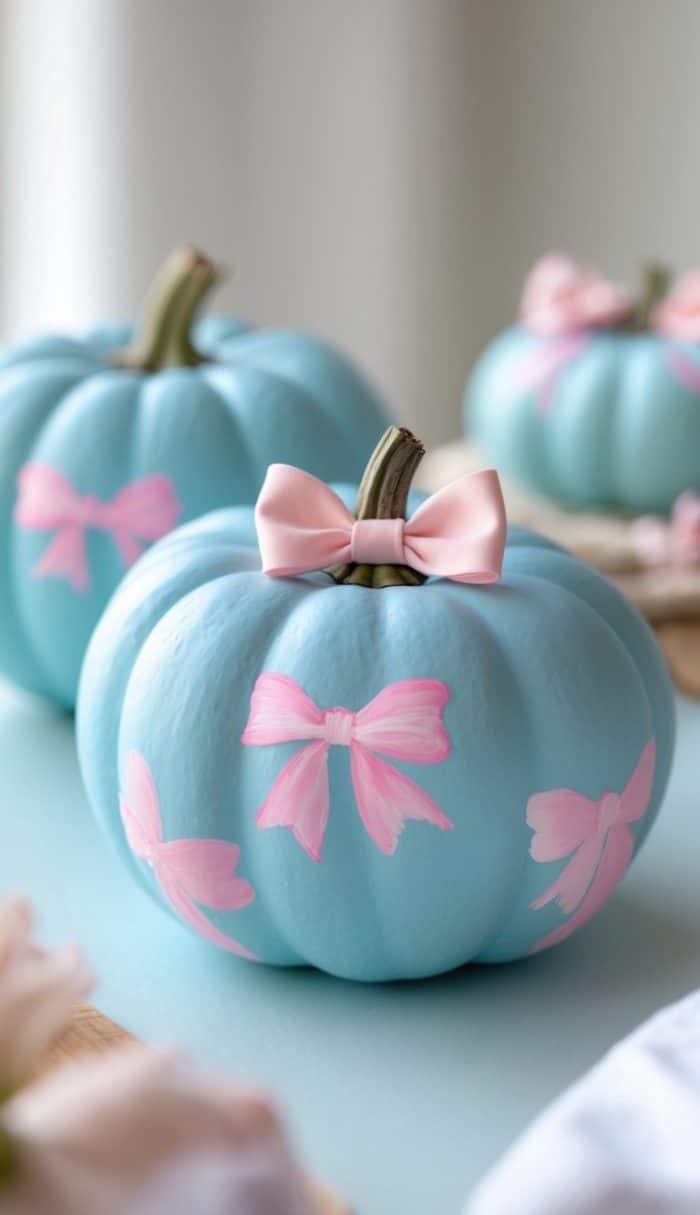 A blue pumpkin decorated with hand-painted pink bows and topped with a real pink ribbon bow, surrounded by other similarly decorated pumpkins on a pastel-colored surface.