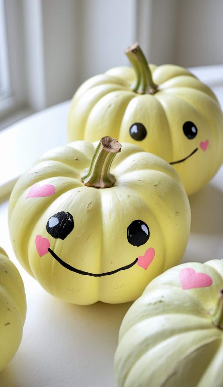 Three pale yellow pumpkins are painted with cute smiling faces, large black eyes, and pink heart-shaped cheeks, arranged on a white surface near a window.
