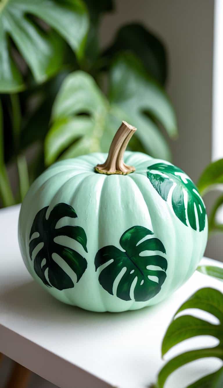 A pale green pumpkin decorated with painted dark green monstera leaves sits on a white surface, surrounded by real monstera plant leaves in the background.