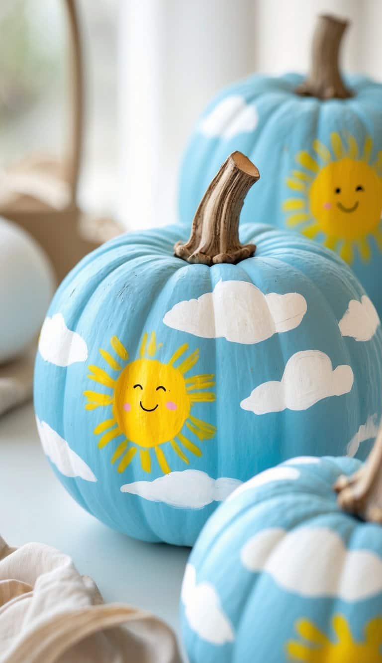 Three light blue pumpkins are painted with white clouds and yellow smiling suns, creating a cheerful, whimsical design. The pumpkins are arranged closely together on a light, airy surface.