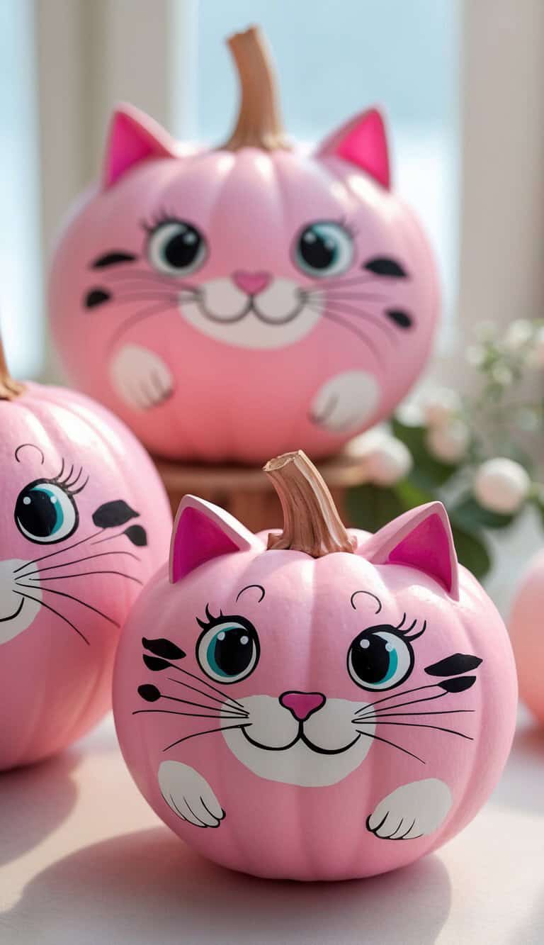 Three pink pumpkins are painted with cute cat faces, featuring big blue eyes, pink noses, whiskers, and ears, creating a playful and creative decoration. The background is softly lit with some blurred flowers.