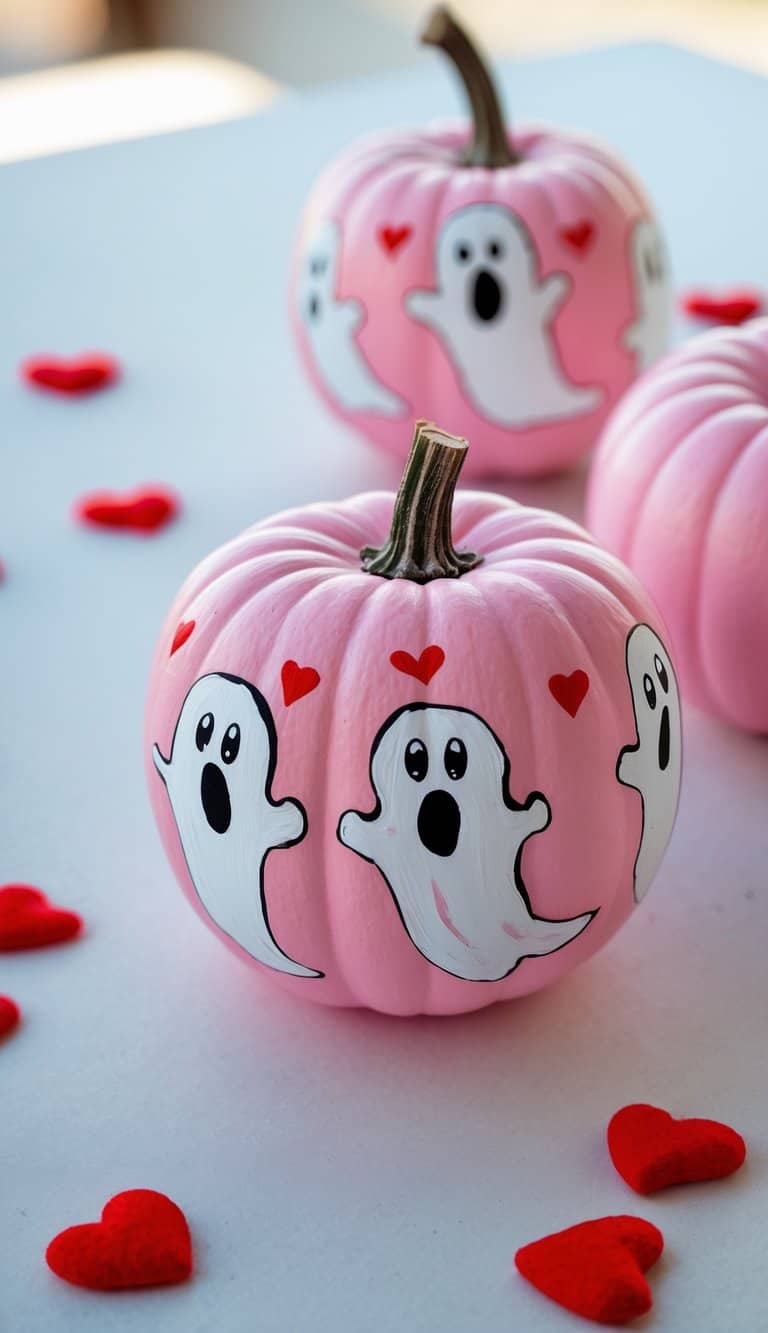 Three pink pumpkins decorated with cute white ghost illustrations and red hearts, surrounded by small red heart shapes scattered on a white surface.