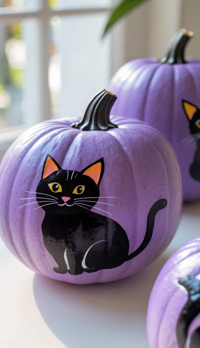 A lavender-painted pumpkin features a cute black cat illustration with yellow eyes, pink nose, and upright tail. Other similarly decorated pumpkins are in the background, all placed on a white surface near a window.