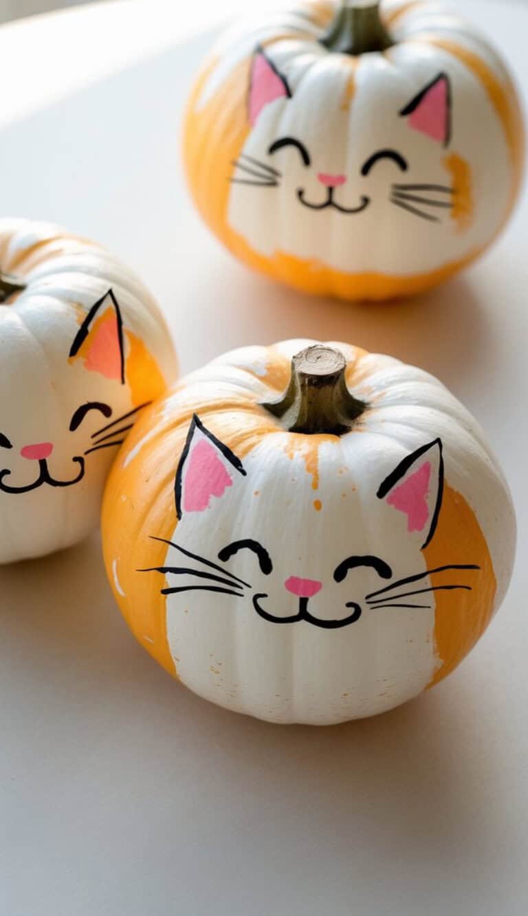 Three pumpkins are painted white and orange with cute cat faces, featuring pink noses, smiling mouths, whiskers, and ears, arranged on a light surface.