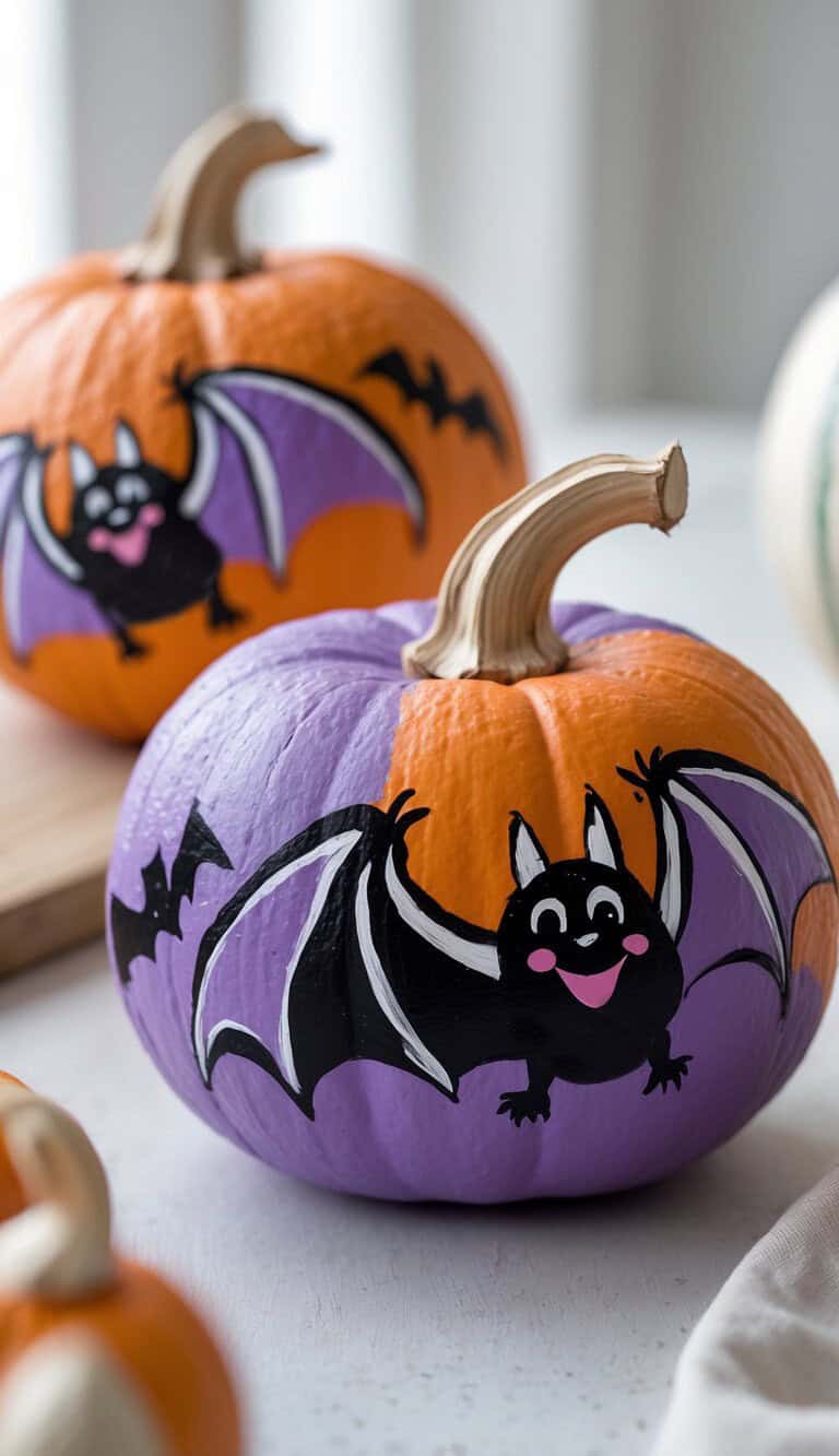 Two pumpkins are decorated with painted bats. The bats are black with white and purple wings, smiling faces, and pink cheeks. One pumpkin is partly painted purple; the background is light and out of focus.