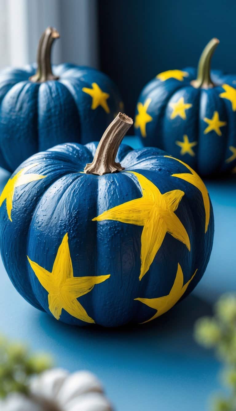 Three pumpkins painted dark blue are decorated with large yellow stars, sitting on a blue surface with a blurred blue background. The pumpkins have natural brown stems.