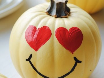 A pale yellow pumpkin decorated with a smiley face and red heart-shaped eyes, sitting on a white surface with two similar pumpkins nearby.