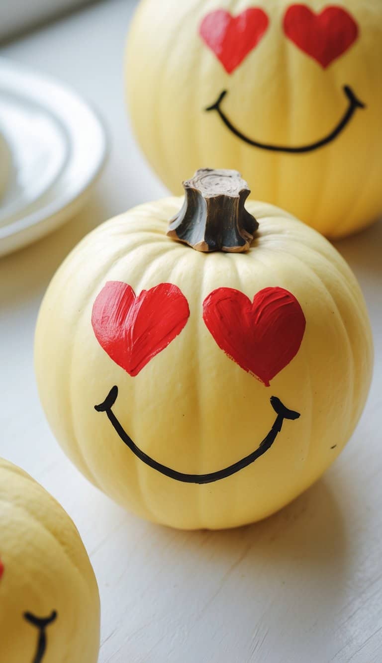 A pale yellow pumpkin decorated with a smiley face and red heart-shaped eyes, sitting on a white surface with two similar pumpkins nearby.