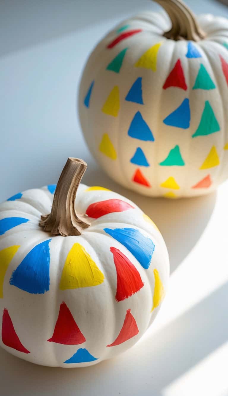 Two white pumpkins decorated with colorful red, blue, and yellow painted triangles and semi-circles, sitting on a white surface with sunlight casting soft shadows.