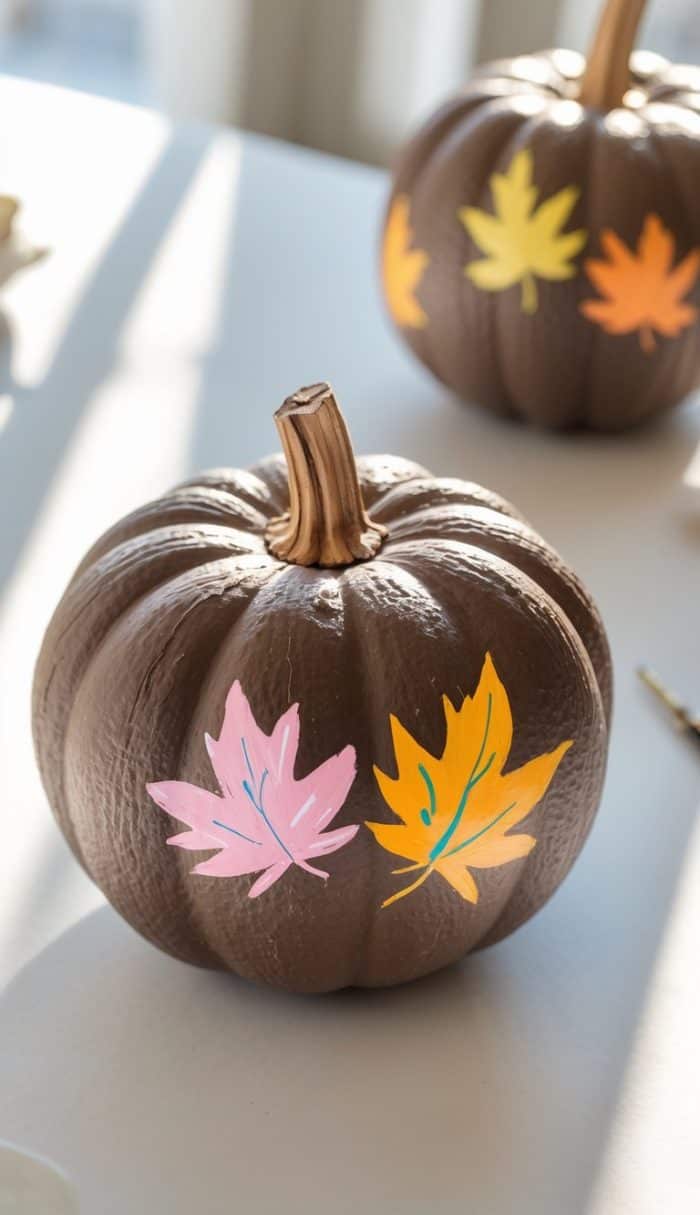 A brown pumpkin decorated with colorful paper leaves, including a pink and a yellow leaf, sits on a white surface. Another decorated pumpkin is blurred in the background. Sunlight streams across the scene.