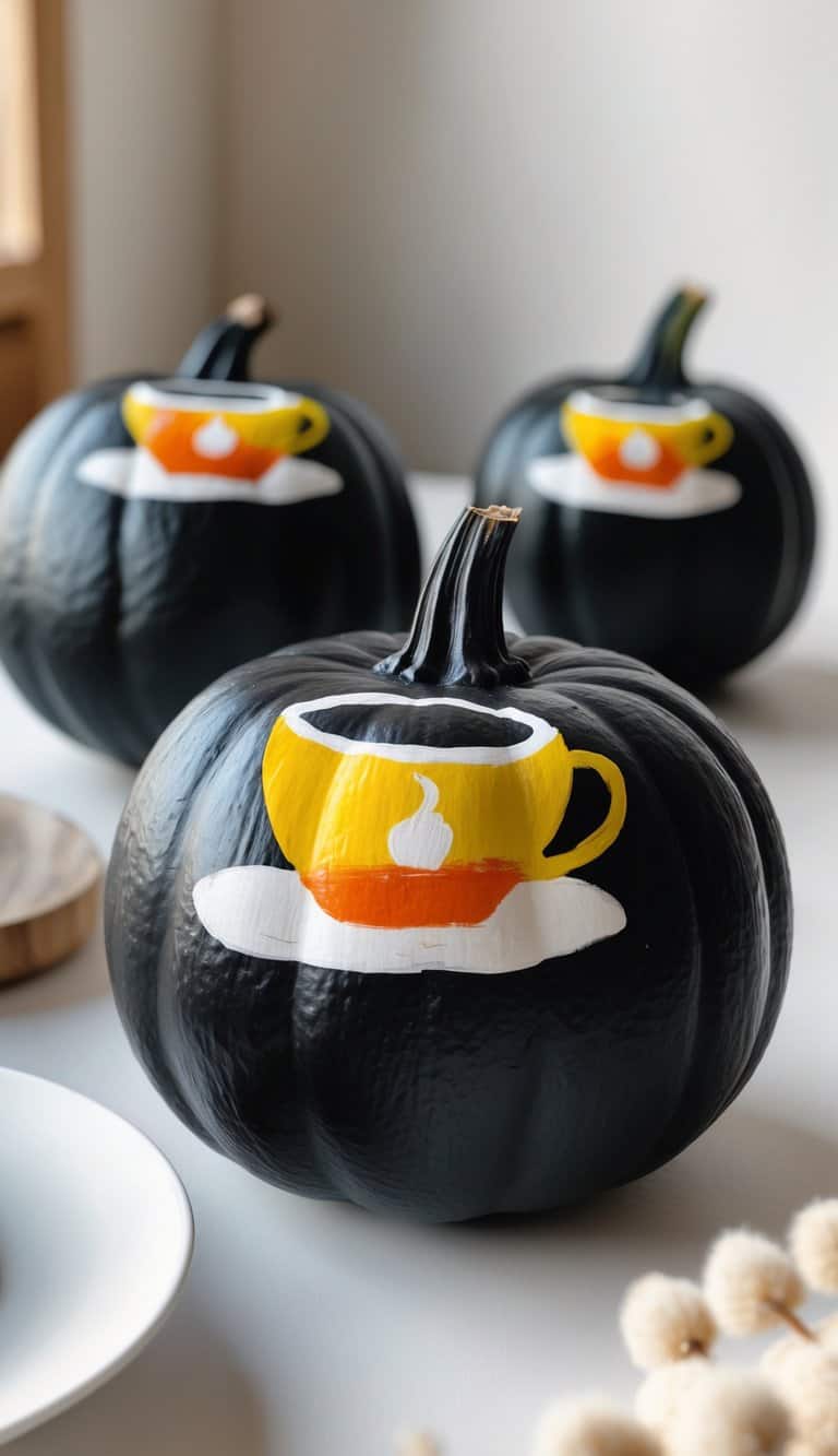 Three black pumpkins are decorated with painted images of yellow teacups filled with coffee, sitting on white saucers. The pumpkins are arranged on a white surface in a well-lit indoor setting.