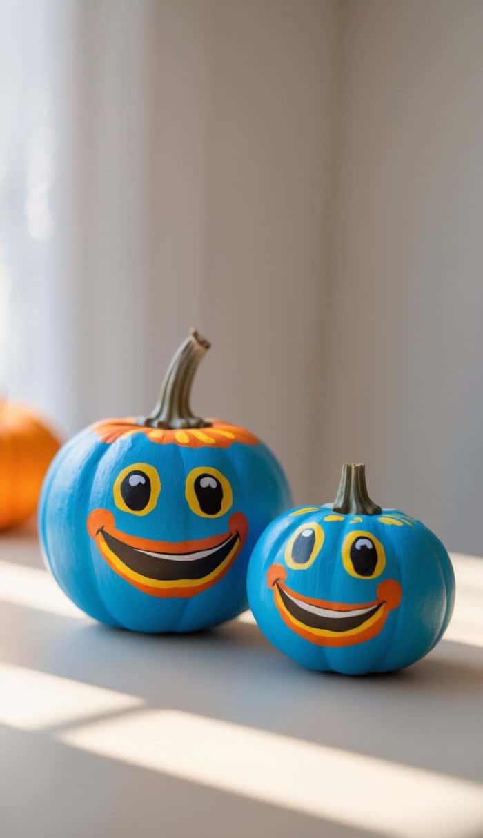 Two pumpkins painted blue with large, cheerful cartoon faces featuring big eyes, wide smiles, and orange cheeks, sitting side by side on a sunlit surface indoors.