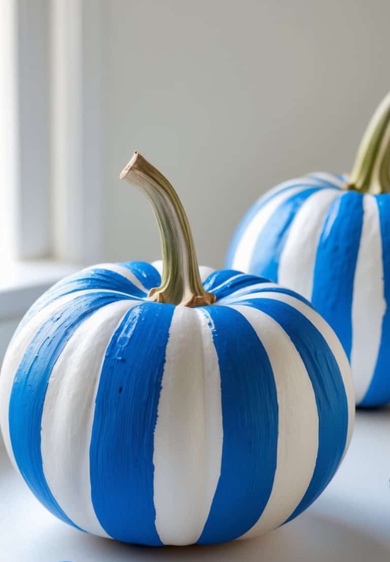 Two pumpkins painted with alternating vertical blue and white stripes are placed on a white surface near a window, with natural light illuminating them.